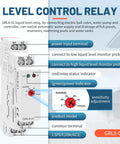 Water Level Sensor Control Relay 10A For DIN Rail AC/DC 24V-240V with GRL8-01 model and sensitivity adjustment knob.