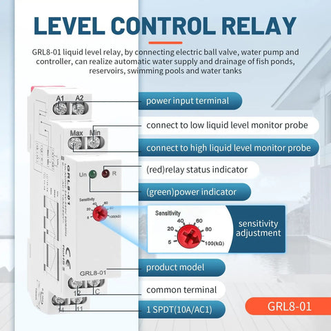 Water Level Sensor Control Relay 10A For DIN Rail AC/DC 24V-240V with GRL8-01 model and sensitivity adjustment knob.
