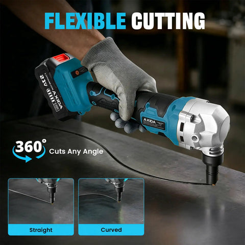 Heavy Duty Cordless Metal Nibbler With 30k Rpm Power For Cutting Steel Sheet Up To 18 Gauge And Aluminum, cutting steel with ergonomic handle.