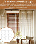 Rock Solid 24 Pack Clear Valance Clips For 2.5 Inch Blinds And Window Shades displayed in a living room setting with wooden blinds.
