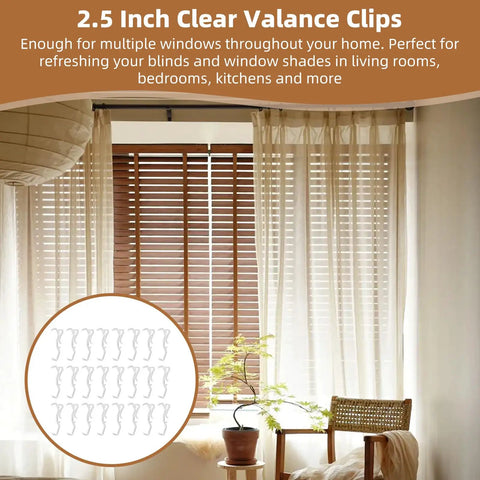 Rock Solid 24 Pack Clear Valance Clips For 2.5 Inch Blinds And Window Shades displayed in a living room setting with wooden blinds.
