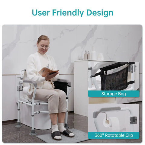 Toilet Safety Rail With Standalone Frame Adjustable Grab Bar Handles Detachable Backrest Non Slip Vacuum Suction Cups Elderly Disabled Bathroom Safety Aid