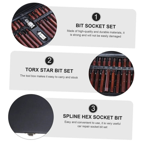 Forty Piece Star Spline Socket Bit Set For Quick Auto Repair And Top Notch Mechanics Work Features various durable bits in storage box.