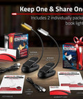 Rechargeable Clip On Book Light For Reading In Bed Hands Free With 3 Light Modes And Adjustable Brightness Flexible Neck For Books Laptops And More 2 Pack displayed with USB cables and manuals