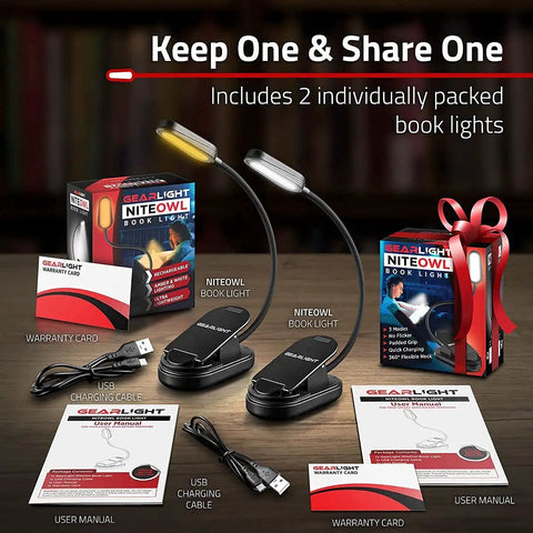 Rechargeable Clip On Book Light For Reading In Bed Hands Free With 3 Light Modes And Adjustable Brightness Flexible Neck For Books Laptops And More 2 Pack displayed with USB cables and manuals