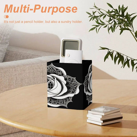 PU Leather Pen Holder Desk Organizer Pencil Cup For Office Supplies with rose floral design on wooden table