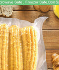 200 Count 8x12 Inch Vacuum Sealer Bags 4 Mil Quart Size BPA Free For Clamp Style Machines filled with corn on a wooden table