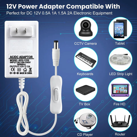 Beefy 24W 12V DC Power Supply With On Off Switch For LED Strip Lights, 100 To 240V AC Input To 12V DC Wall Plug Transformer, 5.5x2.1mm Connector