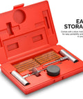 Open red case showing 35 Piece Universal Heavy Duty Tire Repair Kit With Plugs For Cars Trucks Motorcycles ATVs And More Fast Fix A Flat Tire Kit To Patch Punctures On Tubeless Tires Roadside Emergency Essential Durable Tools For Quick Tire Repair.