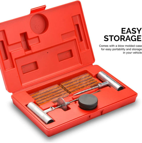 Open red case showing 35 Piece Universal Heavy Duty Tire Repair Kit With Plugs For Cars Trucks Motorcycles ATVs And More Fast Fix A Flat Tire Kit To Patch Punctures On Tubeless Tires Roadside Emergency Essential Durable Tools For Quick Tire Repair.
