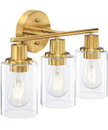Three Light Vanity Light In Oil Rubbed Bronze With Clear Glass Shades, gold finish with clear glass, unique angle view