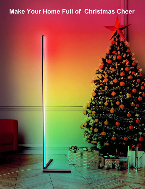 65 Inch Color Changing LED Floor Lamp With Music Sync Remote And App Control Dope Vibe RGB Mood Lighting beside Christmas tree