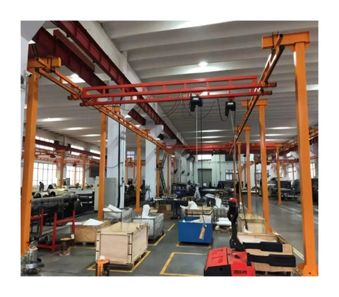 Heavy Duty Freestanding Suspension Bridge Overhead Crane System For Garage 1 Ton 500Kg, yellow and red crane in workshop.