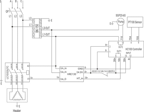 Schematic diagram for Heavy Duty Forced Circulation Engine Water Heater With Stainless Steel Pump And Smart Digital Control.