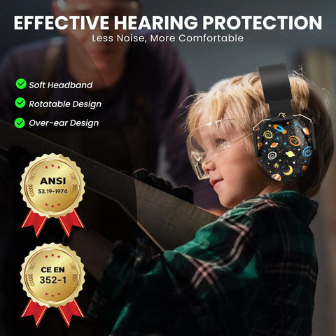 Child wearing Kids Ear Protection Earmuffs With 27dB Noise Canceling For Sports Events Concerts Fireworks Air Shows And Autism Support