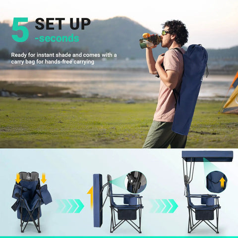 Person carrying Oversized Camping Chair With Canopy Shade And Cooler Bag, foldable, in outdoor setting, setup process shown