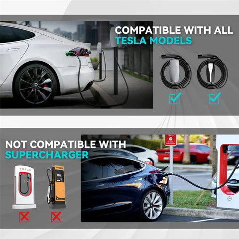 21 Foot High Power EV Extension Cord 50A 12KW with NACS Plug for Model 3 Y S X Cybertruck Works with Tesla Mobile Connector and Wall Charger Not a Charger demonstrating compatibility with Tesla models, not with Supercharger.