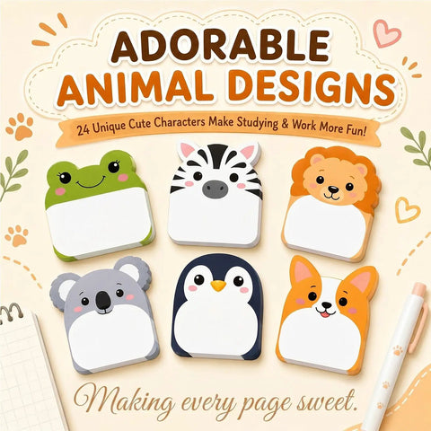 Dope 24 Pack Cartoon Animal Sticky Notes Set With 1152 Sheets featuring frog, zebra, lion, koala, penguin, and fox designs.