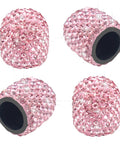 Four Pink Bling Valve Stem Caps With Sparkling Rhinestones Handmade Universal Car Tire Caps Chrome Look Dustproof Car Bike Motorcycle Accessories Long Lasting Sparkle showing front and side views.