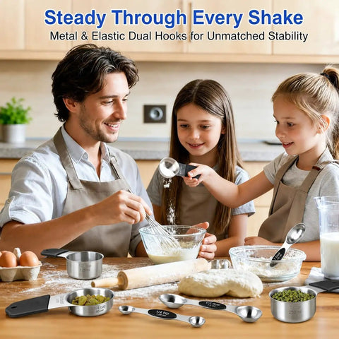 Heavy Duty Measuring Cups And Spoons Set With Strong N52 Magnets, 304 Stainless Steel Kitchen Tools, 15 Piece Round Set With Leveler For Baking And Cooking, BPA Free, Fits In Spice Jars in use for baking
