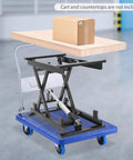 Rugged Electric Scissor Lift Table With 250 Lbs Capacity And Heavy Duty Hydraulic Pump, adjustable height lift with box on top.