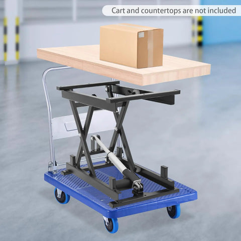Rugged Electric Scissor Lift Table With 250 Lbs Capacity And Heavy Duty Hydraulic Pump, adjustable height lift with box on top.