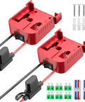 Two Pack Milwaukee 18V Battery Compatible Power Wheel Adapter Kit with fuse, switch, wire terminals, screws, and fuses displayed