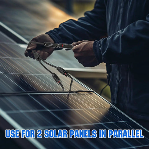 Person connecting Y Branch Solar Connector Kit For PV Panels To Link Two Panels In Parallel No Fuss 1 Male 2 Female Adapters