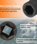 Radius corner design of Deep Impact Socket For Three Eighths Inch Square Drive 11mm Six Point 30mm Long Flip Socket in CR-MO steel.