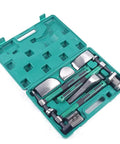 9 Piece Auto Body Hammer And Dolly Kit For DIY Dent Repair With Heavy Duty Paintless Tools in green carrying case