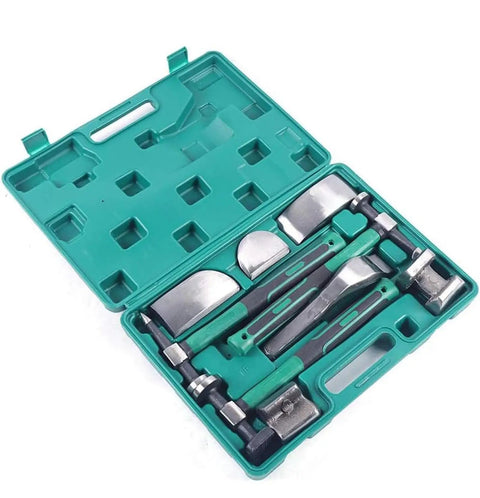 9 Piece Auto Body Hammer And Dolly Kit For DIY Dent Repair With Heavy Duty Paintless Tools in green carrying case