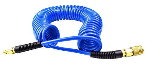 Recoil Polyurethane Air Hose For Air Compressor One Quarter Inch Inner Diameter Fifty Feet Long With Bend Restrictor in Blue