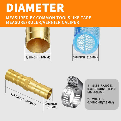 Heavy Duty Three Eighths Inch Hose Barb Fitting Kit Three Pack Brass Straight Connectors With Stainless Steel Clamps