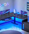 L Shaped Electric Standing Desk With File Cabinet And Drawers, 63 By 53 Inch Height Adjustable Computer Desk, LED lights, black