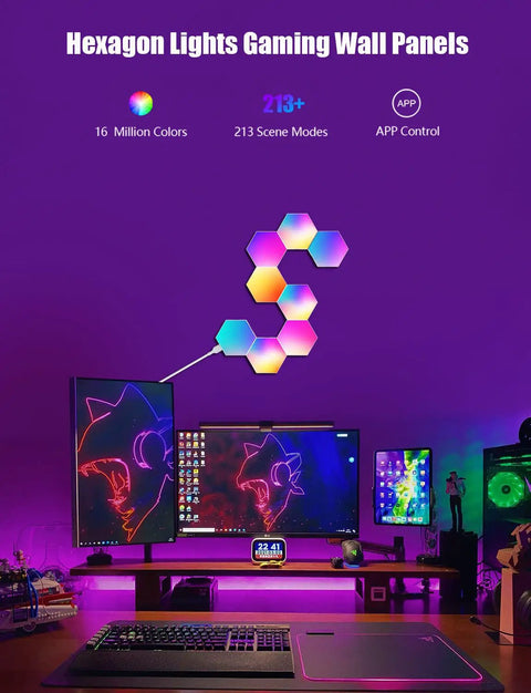 Dope Hexagon LED Lights For Gaming Room Decor 8 Pack With App Control And Remote RGB Modular Panels on wall display