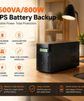 Rock Solid 1500VA 800W UPS Battery Backup And Surge Protector With Six AC Outlets And LCD Display Hella Reliable Lithium Uninterruptible Power Supply for home office setup on wooden desk.