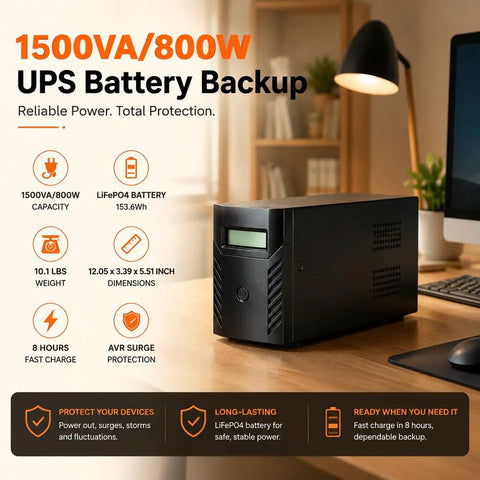 Rock Solid 1500VA 800W UPS Battery Backup And Surge Protector With Six AC Outlets And LCD Display Hella Reliable Lithium Uninterruptible Power Supply for home office setup on wooden desk.