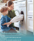 Washer water inlet valve product image; front-loading white washer with mother and child loading a towel.