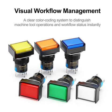 Five Pack Sixteen Millimeter Latching Push Button Switches With Beefy Blue Rectangular Caps And 12V DC LED Indicator, SPDT Five Pin 1NO Plus 1NC, 5A 250V AC, Industrial Grade Panel Switches with various color caps