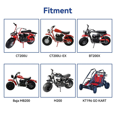 Image showing fitment options for Aluminum 212 Hemi Flywheel including CT200U, BT200X, Baja MB200, M200, KT196 go-kart models.