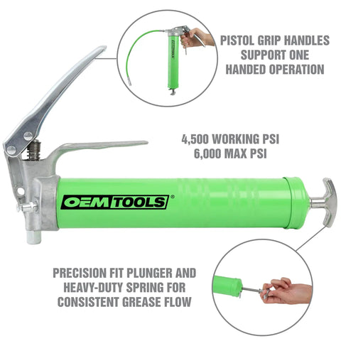 Beefy Pistol Grip Grease Gun Kit With 18 Inch Hose And Coupler displaying features and usage for auto and shop use