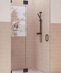 Frameless Shower Door Hinge With EnduroShield Glass Coating, Polished Brass Finish, 78 In By 43.75 In, Heavy-Duty Glass Enclosure Hardware for a Sleek, Leak-Free Shower. Hinged glass shower door in tiled bathroom