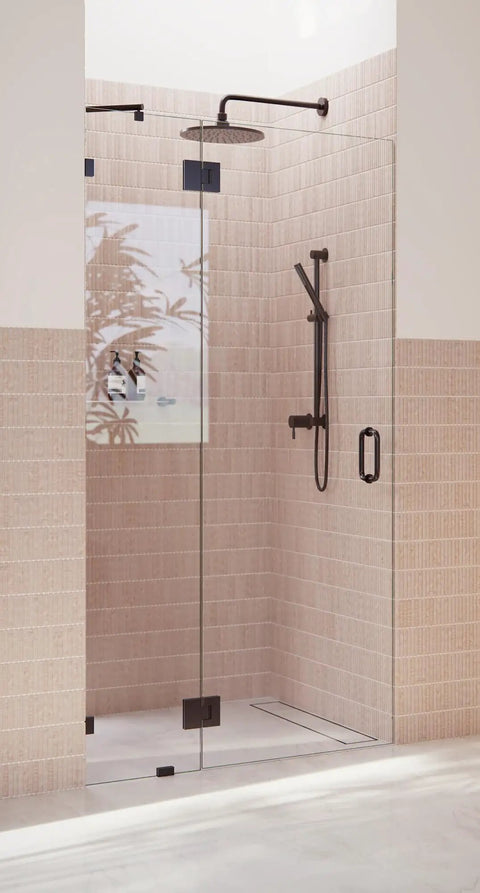 Frameless Shower Door Hinge With Enduroshield Glass Coating For 78 By 40 Inch Enclosures In Polished Brass Easy Install And No Fuss Durable Glass Door Hardware That Keeps Cleaner Longer And Installs Smoothly. clear glass shower door with brass hinge in tiled enclosure