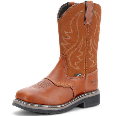 Rugged Steel Toe Cowboy Boots For Men Western Square Toe Work Boot In Full Grain Leather Hazard Protection For Construction Farm And Industrial Jobs Slip Resistant Outsole Size 10.5 Light Brown