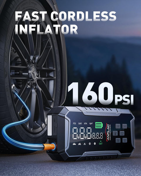 Turbo Boost Eight In One Car Jump Starter With Air Compressor And Power Bank, displaying digital pressure gauge at 160 PSI