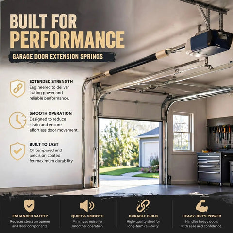 Garage displaying Two Pack 80 Lb Heavy Duty Double Loop Garage Door Extension Springs for 8x7 and 9x7 doors, gold finish.