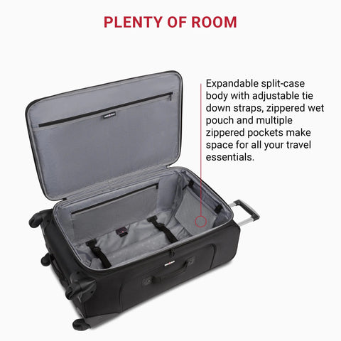 Open interior of Softside Expandable Checked Luggage For Long Trips With 360 Spinner Wheels And Retractable Handle, 29 Inch Large Black Suitcase