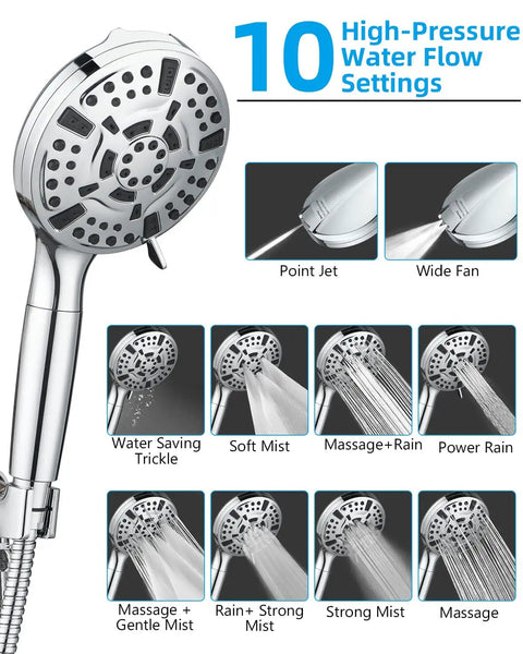 Handheld Shower Head With 10 Spray Modes And High Pressure Flow, showing water settings, stainless steel and silvery finish.