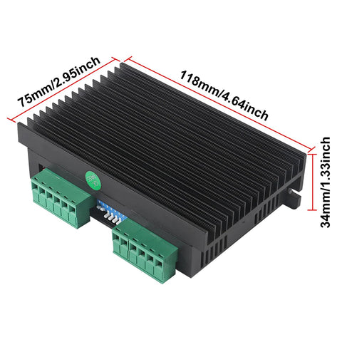 DM556 CNC digital stepper driver module with aluminum heatsink and green terminal blocks, dimensions 118×75×34 mm.
