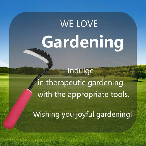 Rugged Weeding Sickle Tool With Sharp Blade, pink soft grip handle, ideal for yard work and garden maintenance, displayed in outdoor setting